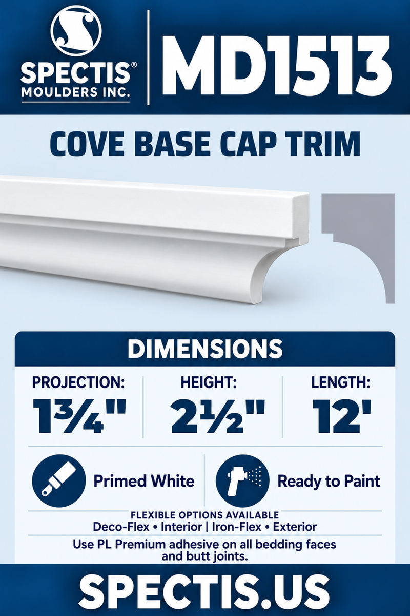 MD1513 Cove Base Cap Trim — white moulding rendering and side profile.