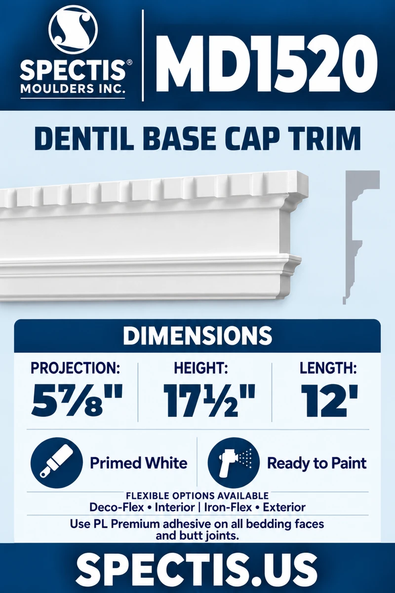 MD1520 Dentil Base Cap Trim — white moulding rendering and side profile.