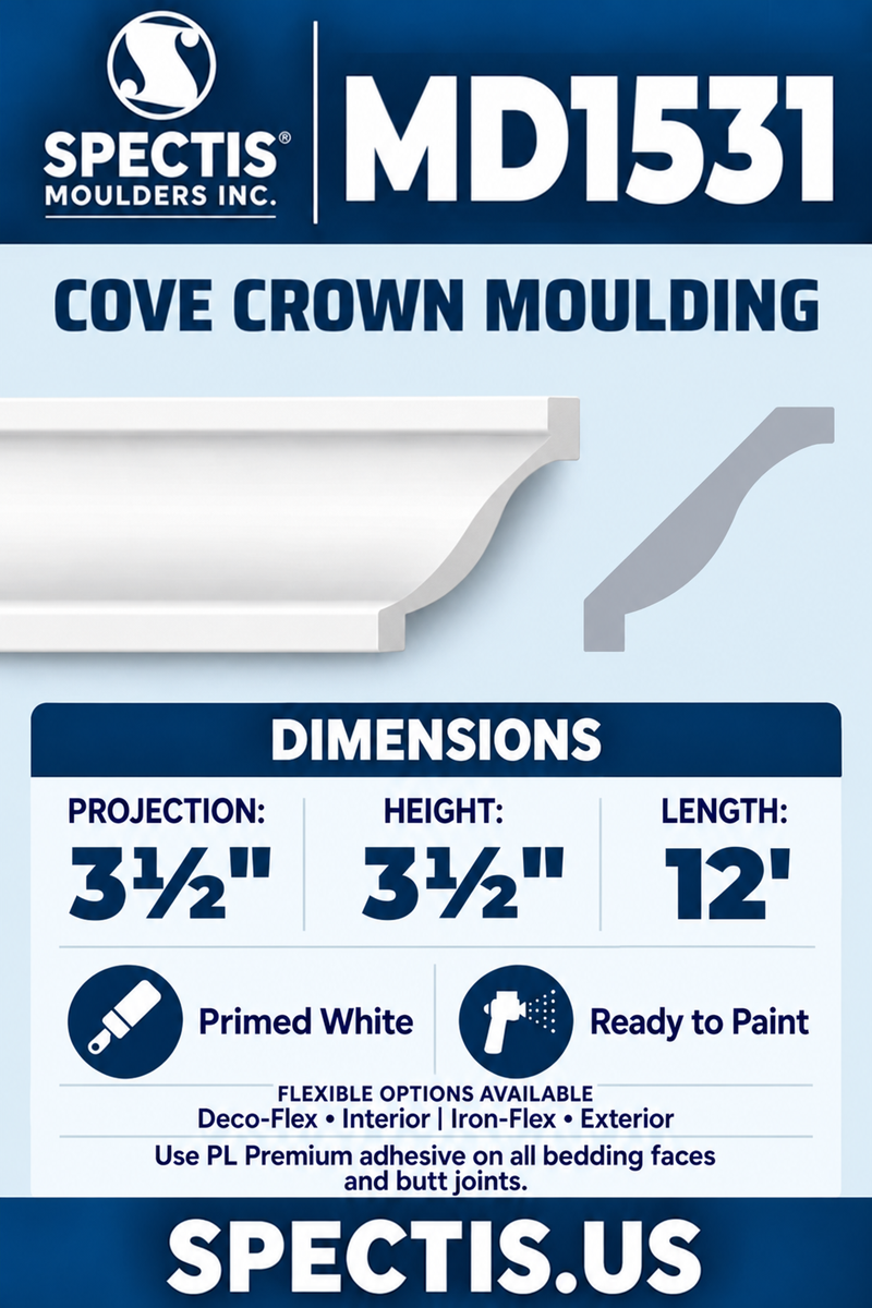 MD1531 Cove Crown Moulding — white moulding rendering and side profile.
