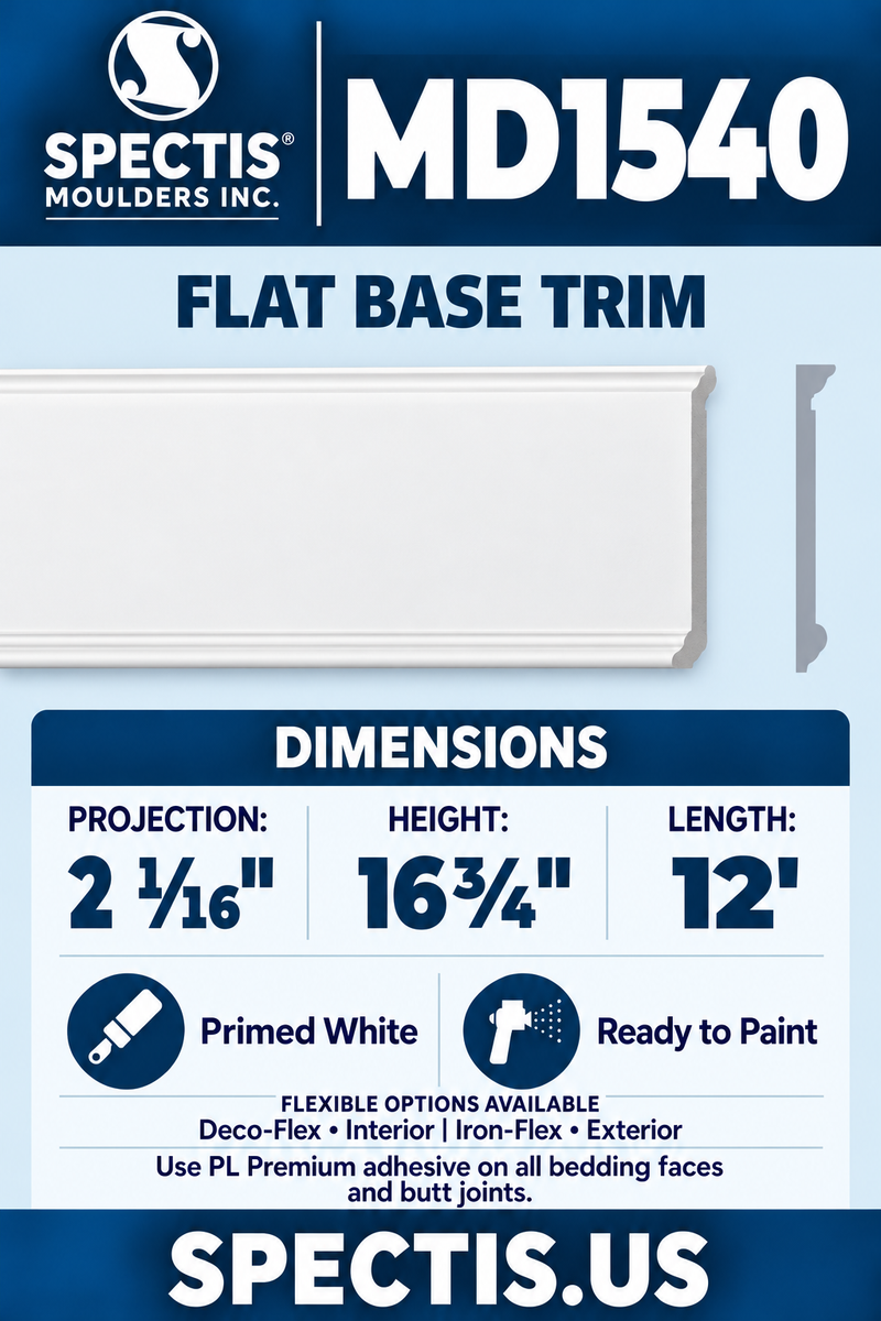 MD1540 Flat Base Trim — white moulding with matching side profile.