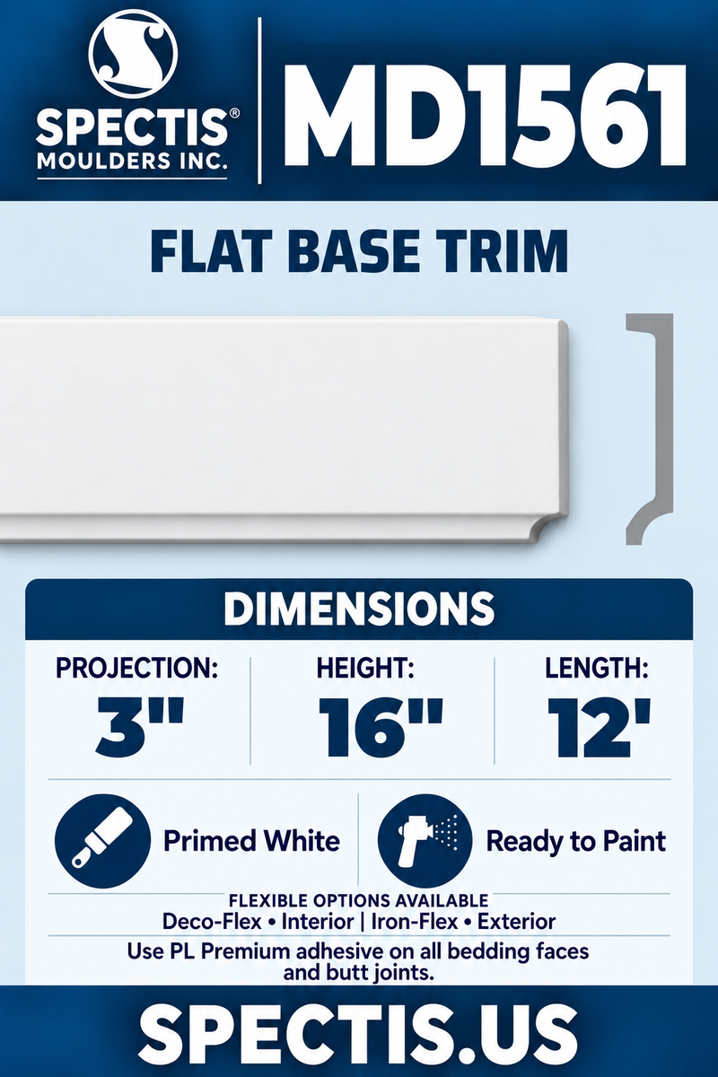 MD1561 Flat Base Trim — white moulding rendering and side profile.
