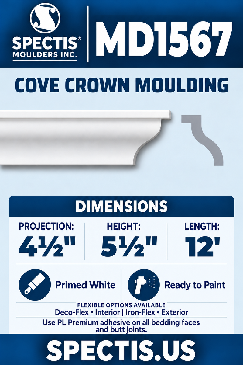 MD1567 Cove Crown Moulding — white moulding rendering and side profile.