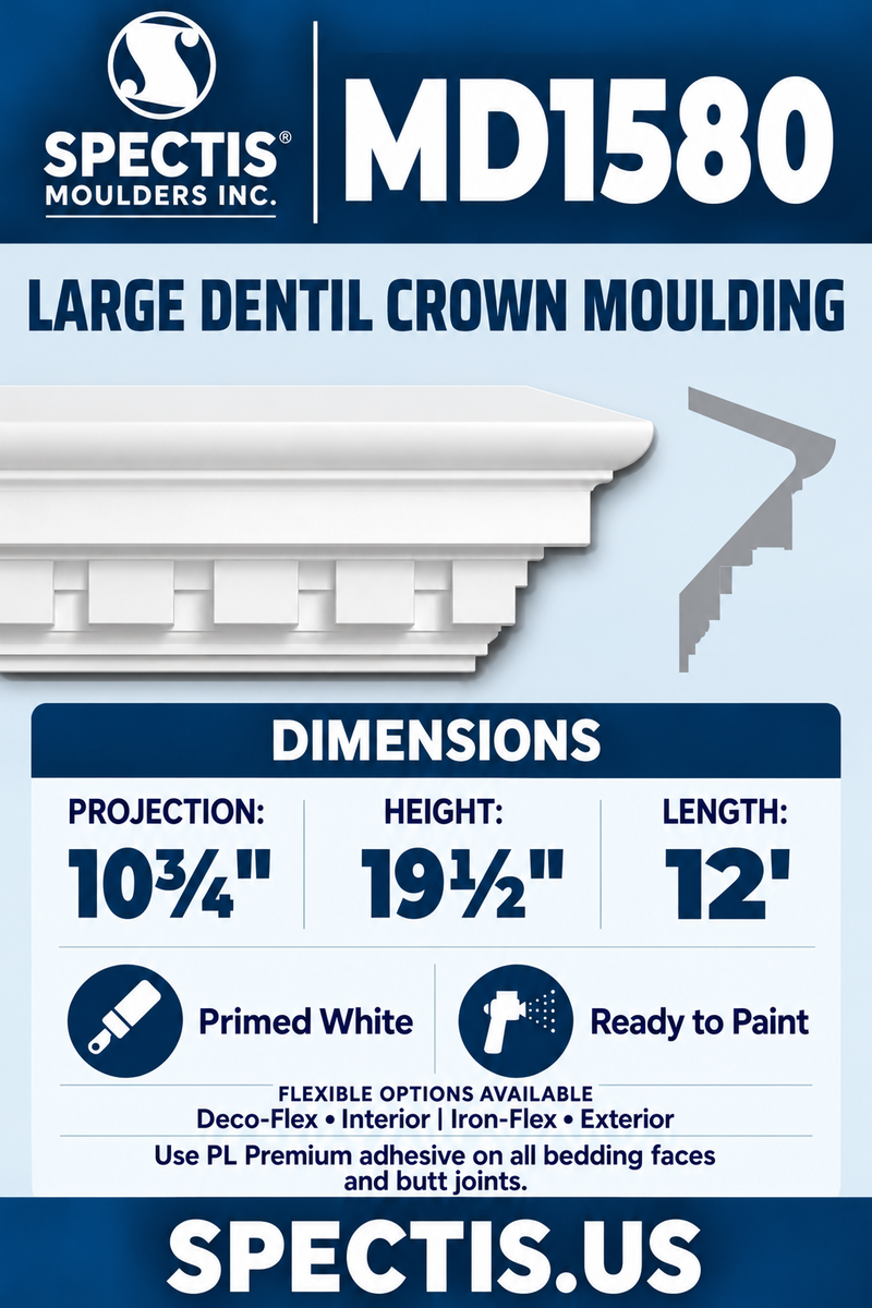 MD1580 Large Dentil Crown Moulding — white moulding rendering and side profile.