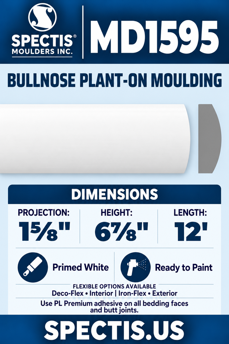 MD1595 Bullnose Plant-On Moulding — white moulding rendering and side profile.