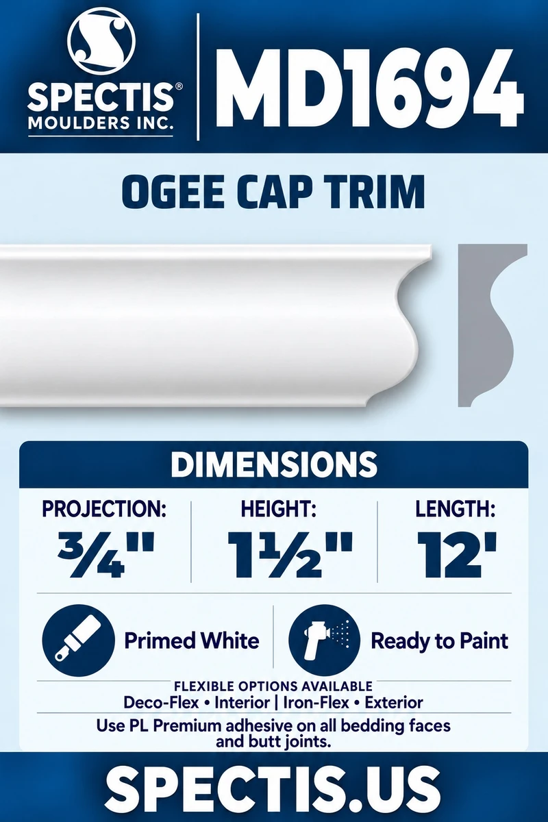 MD1694 Ogee Cap Trim — Polyurethane — ¾″ P × 1½″ H × 12′ L — moulding and matching side profile