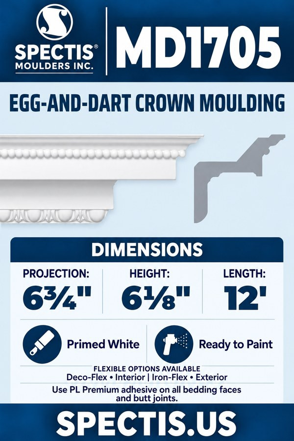 MD1705 Egg-and-Dart Crown Moulding — Polyurethane — 6¾″ P × 6⅛″ H × 12′ L — aligned section and side profile.