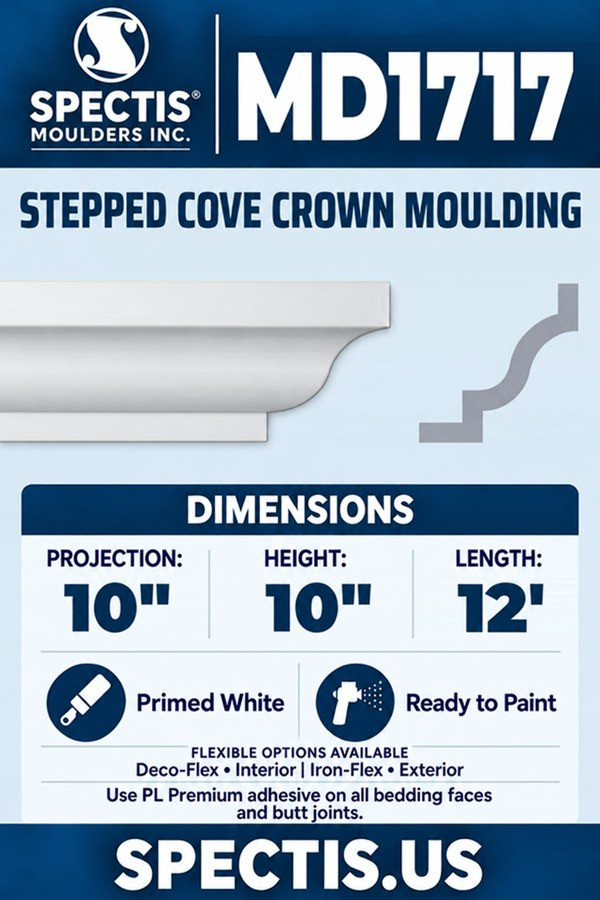 MD1717 Stepped Cove Crown Moulding — Polyurethane — 10″ P × 10″ H × 12′ L — aligned section and side profile.