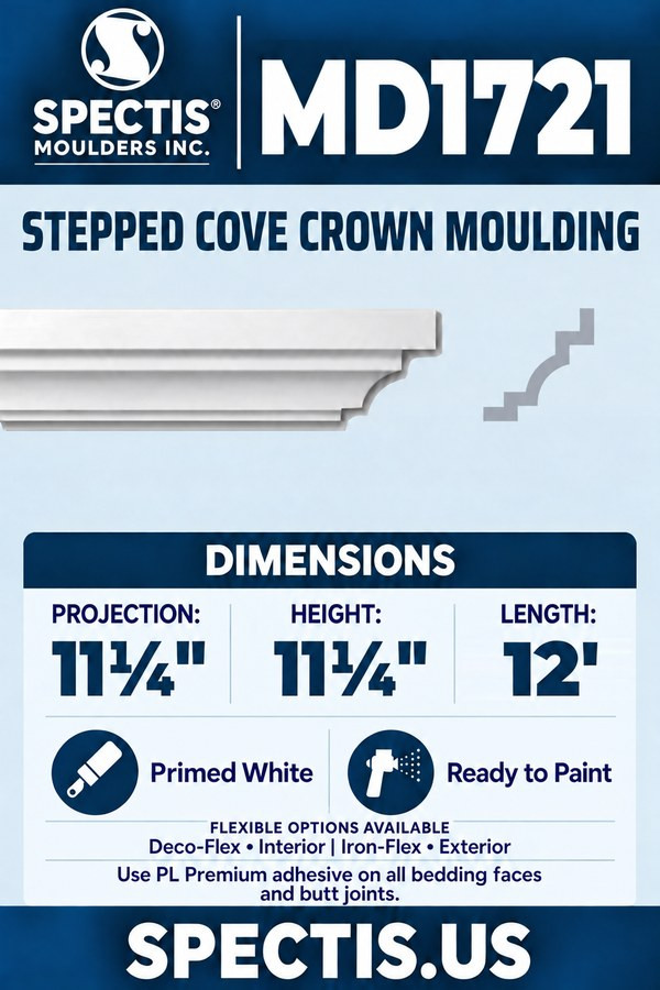 MD1721 Stepped Cove Crown Moulding — Polyurethane — 11¼″ P × 11¼″ H × 12′ L — aligned section and side profile.