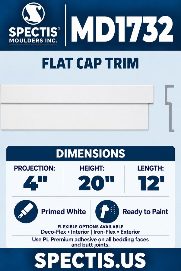 MD1732 Flat Cap Trim — Polyurethane — 4″ P × 20″ H × 12′ L — aligned section and side profile.
