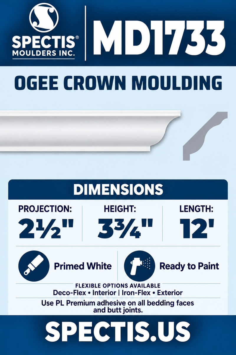 MD1733 moulding — clean white rendering and manufacturer-catalogue-based gray side profile.