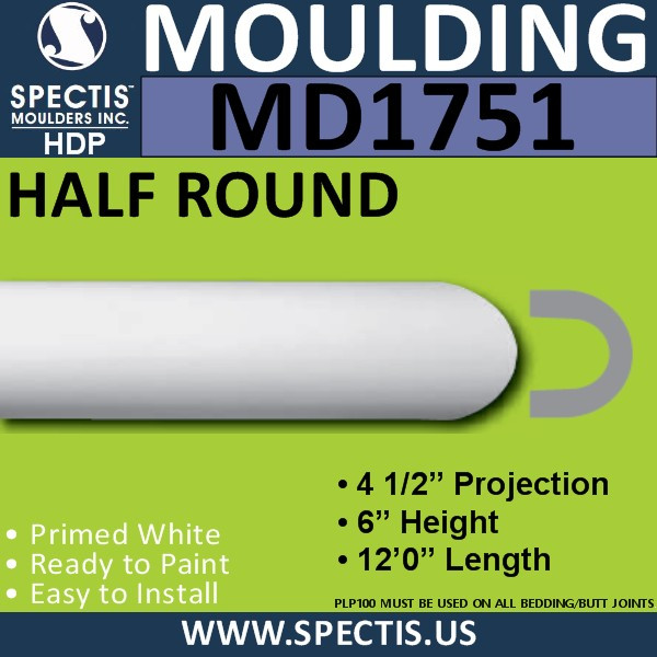 MD1751 Spectis Molding Half Round Trim 4 1/2"P x 6"H x 144"L