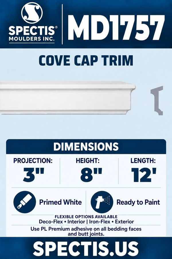 MD1757 Cove Cap Trim — Polyurethane — 3″ P × 8″ H × 12′ L — aligned section and side profile.