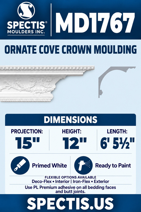 MD1767 Ornate Cove Crown Moulding — Polyurethane — 15″ P × 12″ H × 6′5½″ L — clean moulding and matching side profile