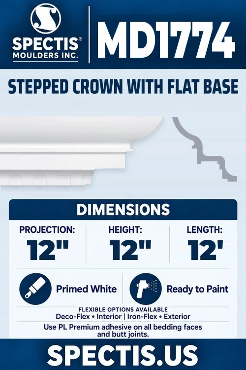 Spectis MD1774 stepped crown with flat base, section and side profile. 12 inch projection, 12 inch height, 12 foot length. Use PL Premium adhesive. Flexible options: Deco-Flex for interior use; Iron-Flex for exterior use.