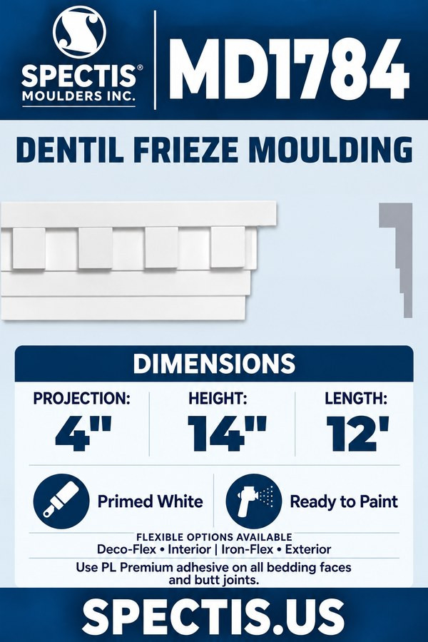 MD1784 Dentil Frieze Moulding — Polyurethane — 4″ P × 14″ H × 12′ L — aligned section and side profile.