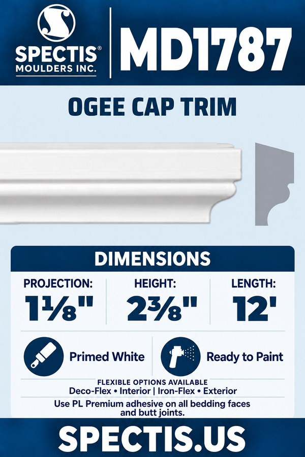 MD1787 Ogee Cap Trim — Polyurethane — 1⅛″ P × 2⅜″ H × 12′ L — aligned section and side profile.