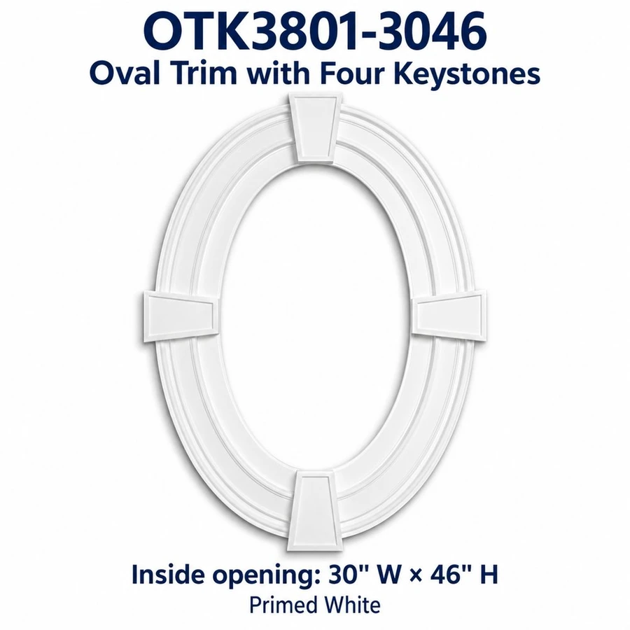 OTK3801-3046 Oval Trim with Four Keystones; Inside opening: 30" W × 46" H; primed white
