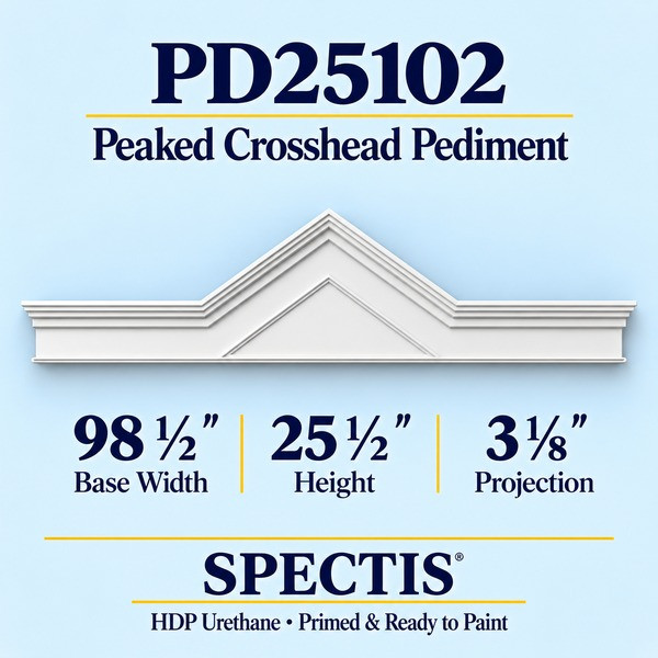 PD25102 Peaked Crosshead Pediment – 98 1/2 inch base width, 25 1/2 inch height, 3 1/8 inch projection – HDP urethane