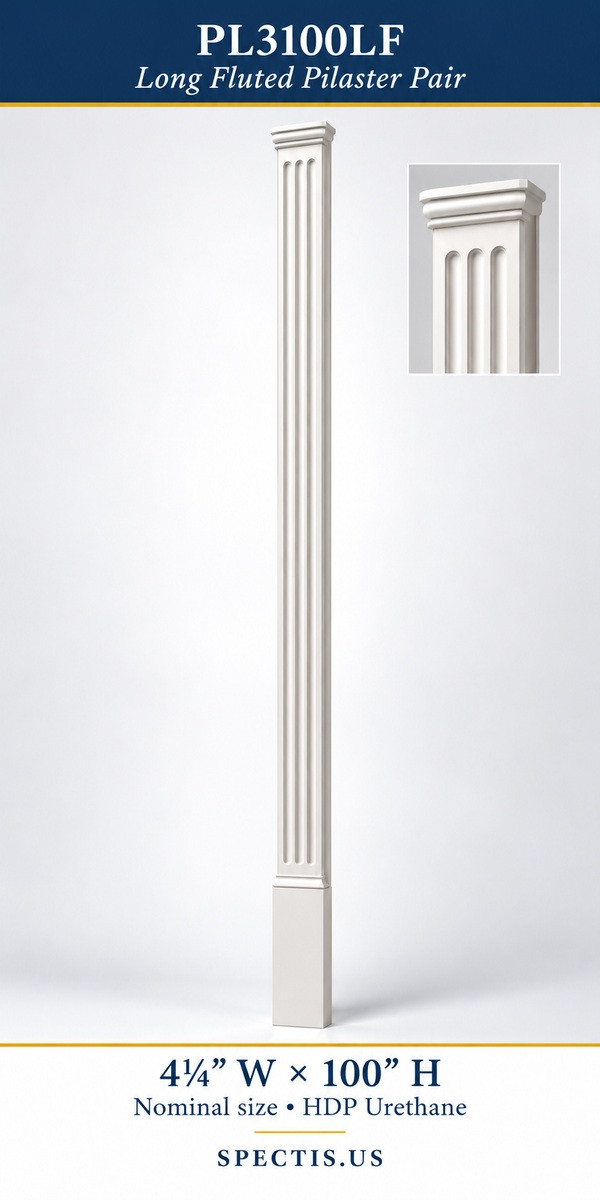 PL3100LF Long Fluted Pilaster Pair – 4¼″ W × 100″ H – HDP Urethane