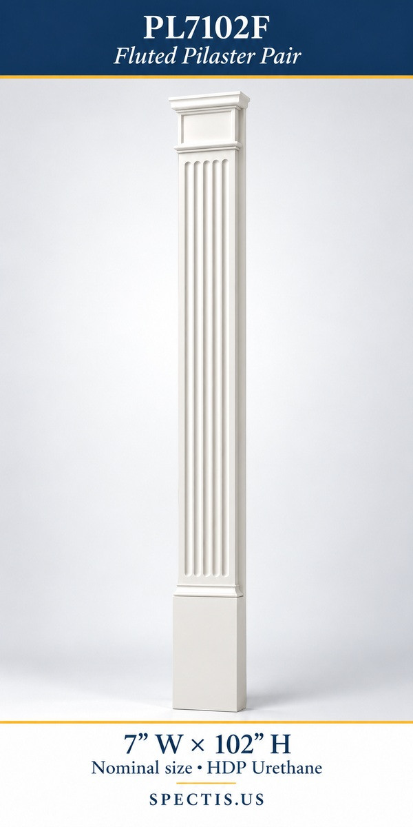PL7102F Fluted Pilaster Pair – 7″ W × 102″ H – HDP Urethane
