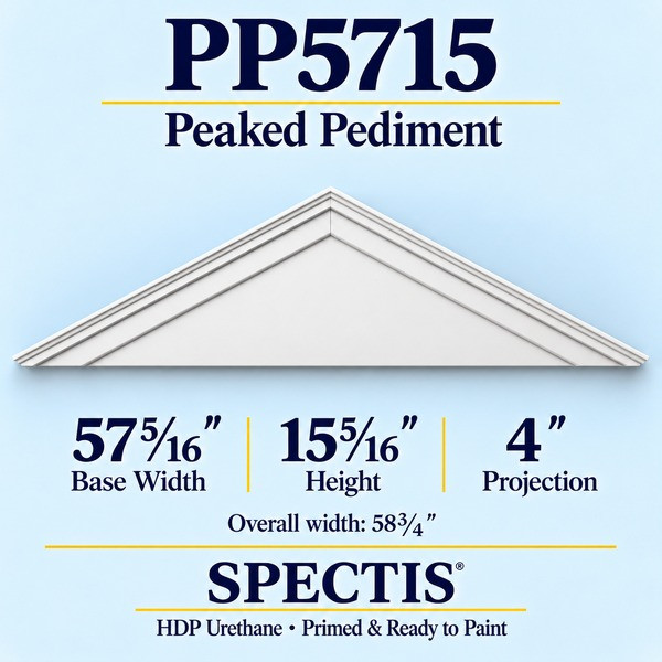 PP5715 Peaked Pediment – 57 5/16 inch base width, 15 5/16 inch height, 4 inch projection – HDP urethane