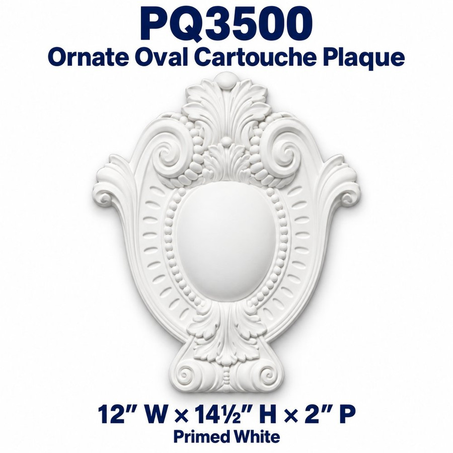 PQ3500 Ornate Oval Cartouche Plaque; 12″ W × 14½″ H × 2″ P; Primed White