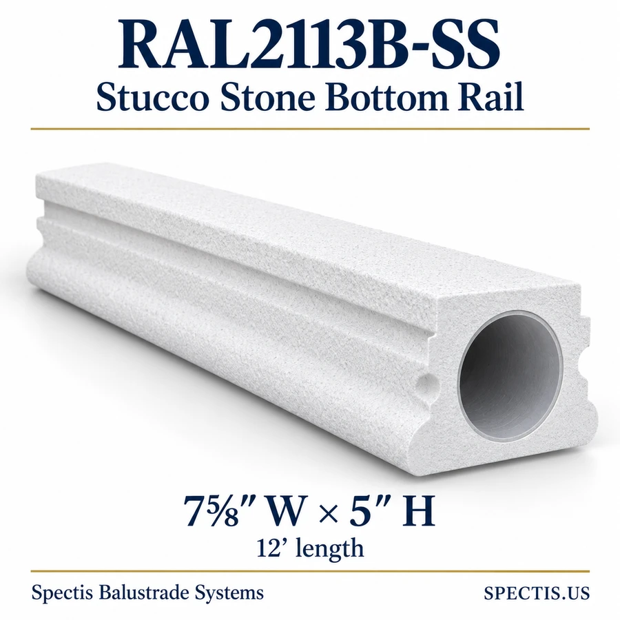 RAL2113B-SS Spectis Stucco Stone urethane bottom rail, 7⅝ inches wide by 5 inches high