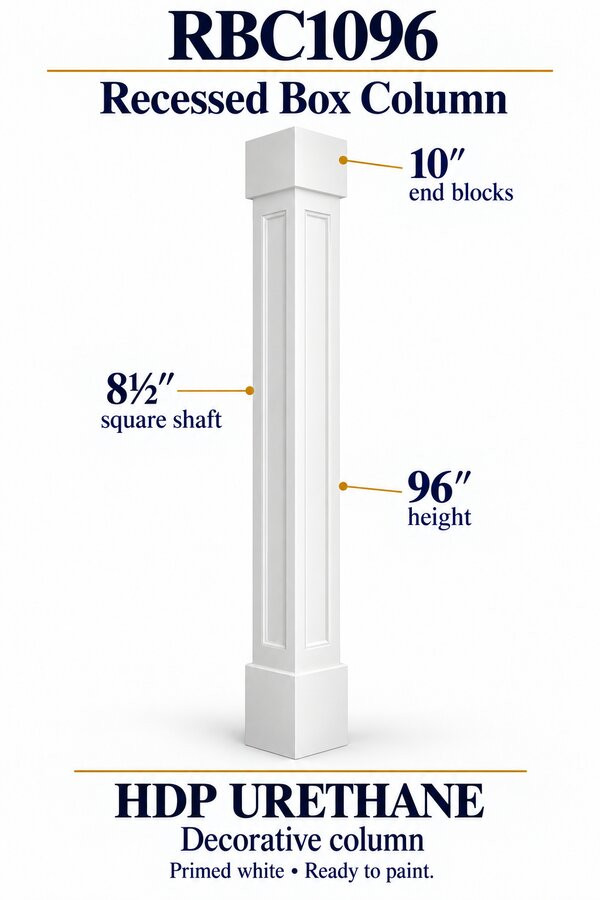 RBC1096 Recessed Box Decorative Column – 8½″ square shaft × 96″ H – HDP urethane