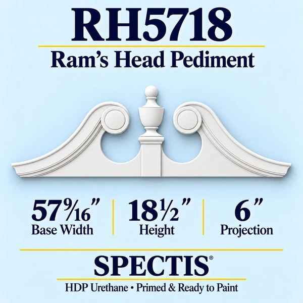 RH5718 Ram’s Head Pediment, primed HDP urethane, 57 9/16 inch base width x 18 1/2 inch height x 6 inch projection