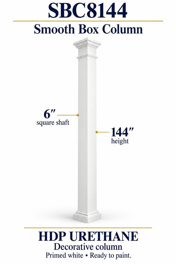 SBC8144 Smooth Decorative Box Column – 6″ square shaft × 144″ height