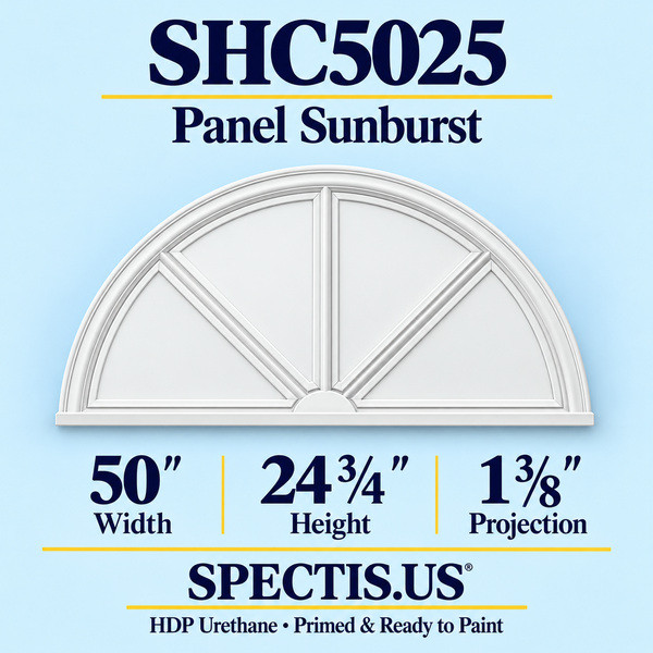 SHC5025 Sunburst — 50 inch width x 24 3/4 inch height x 1 3/8 inch projection — primed HDP urethane
