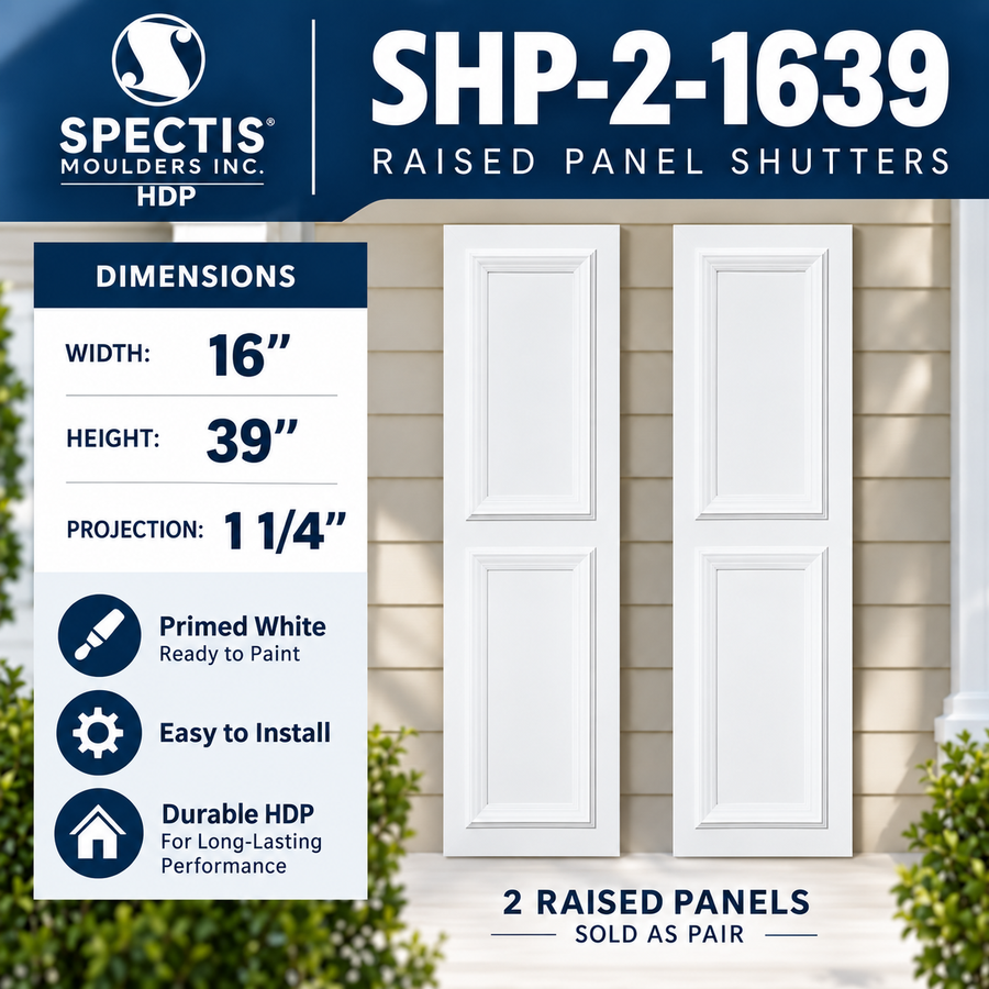 SHP-2 1639 Polyurethane Shutters - 2 Raised Panels 16 x 39