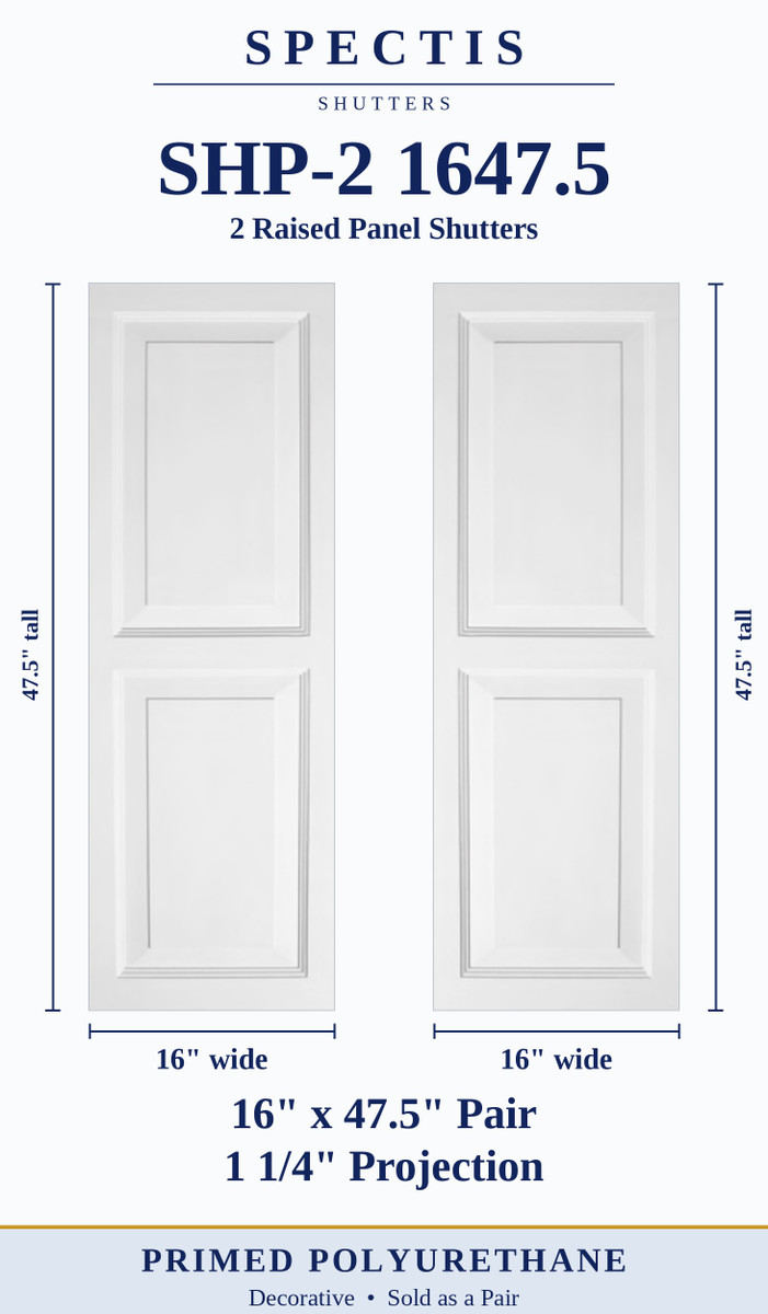 SHP-2 1647.5 pair of two raised panel polyurethane shutters, 16 in wide by 47.5 in tall