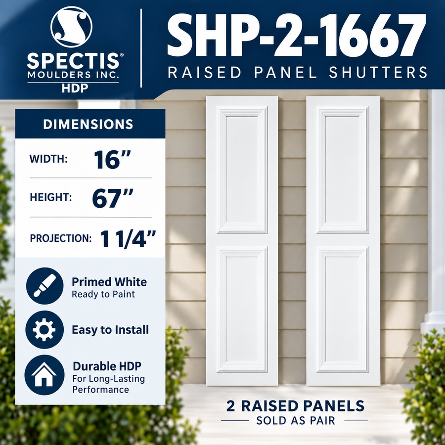 SHP-2 1667 Polyurethane Shutters - 2 Raised Panels 16 x 67