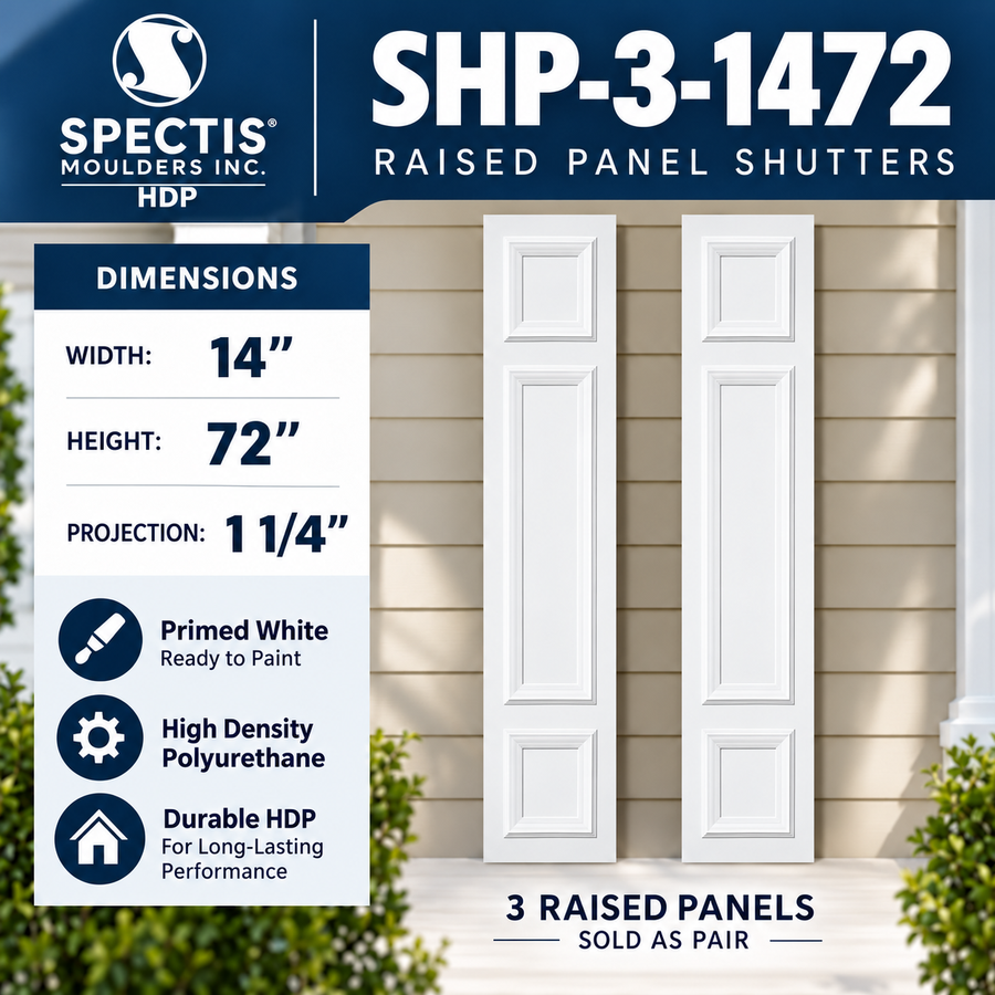 SHP-3 1472 3 Raised Panel Polyurethane Shutters - 14 x 72 (Pair)