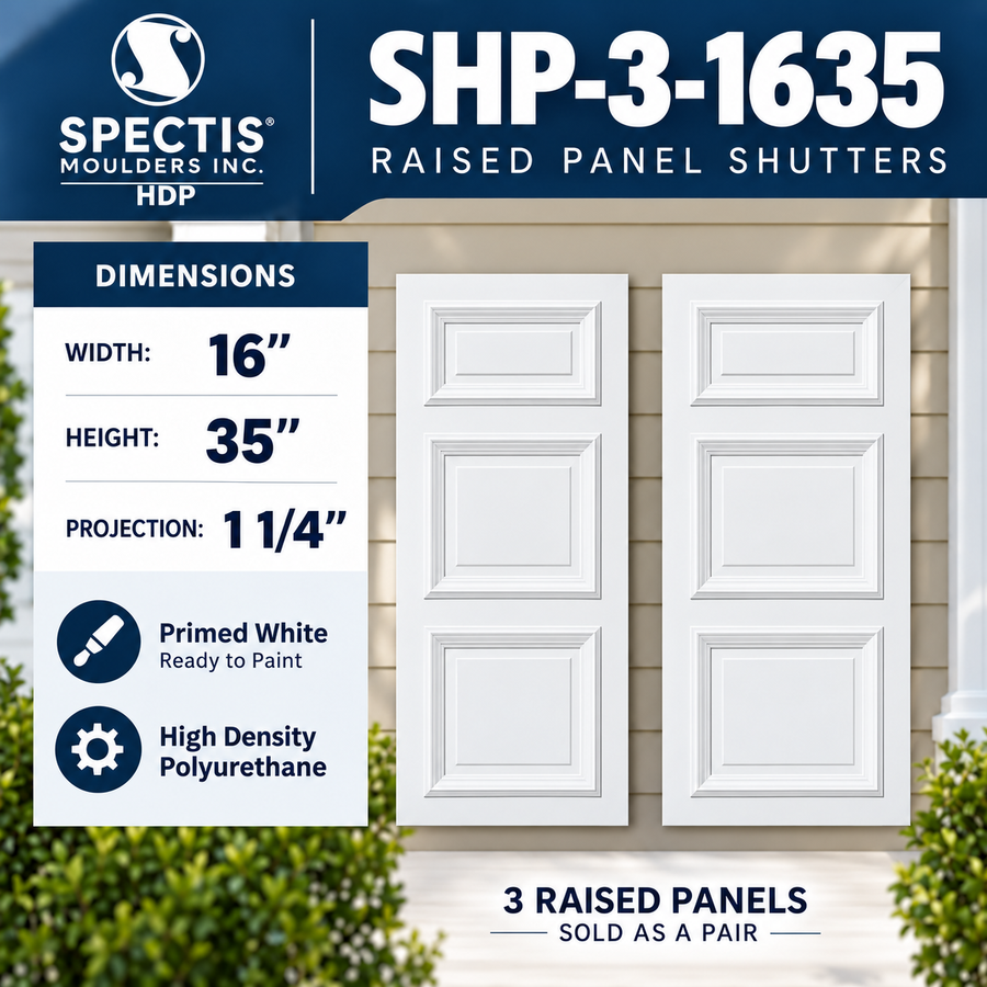 SHP-3 1635 3 Raised Panel Polyurethane Shutters - 16 x 35 (Pair)