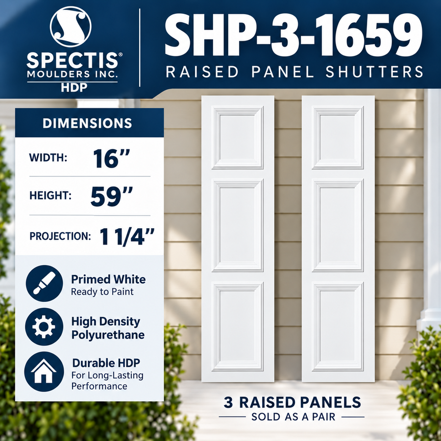 SHP-3 1659 3 Raised Panel Polyurethane Shutters - 16 x 59 (Pair)