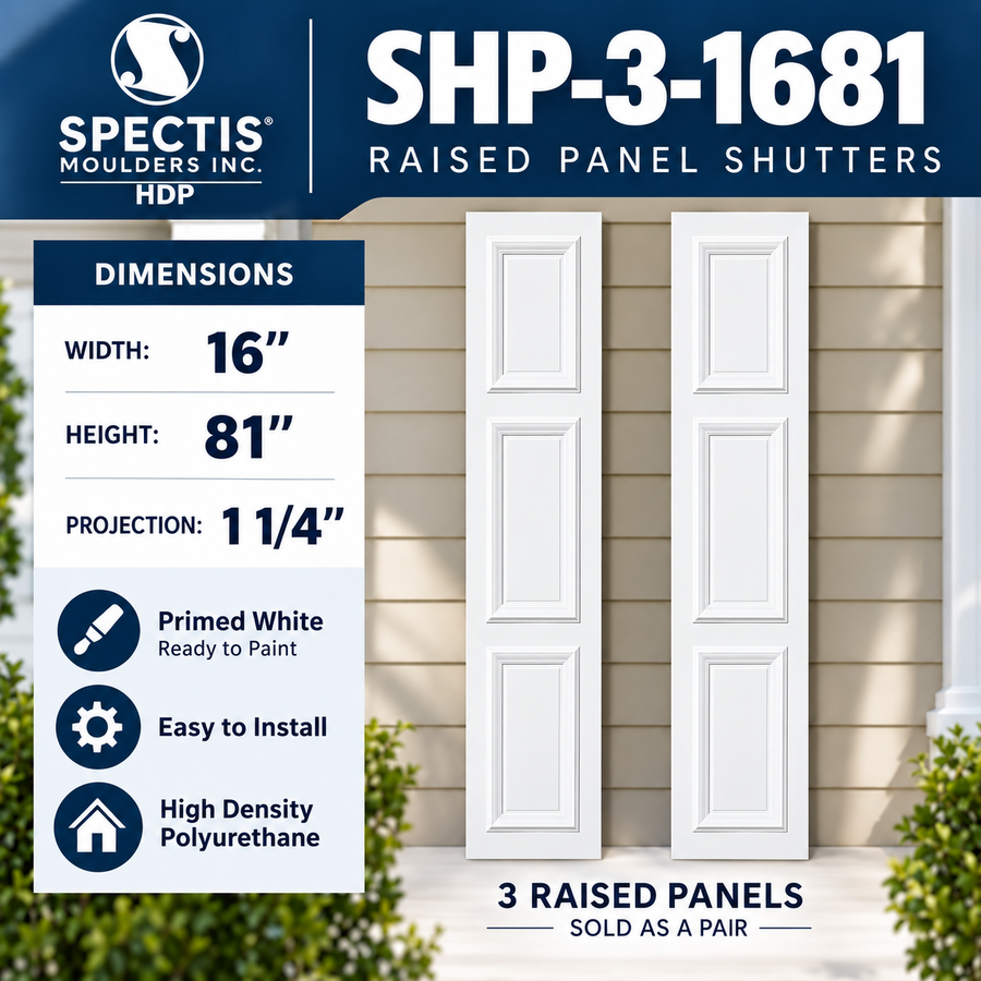 SHP-3 1681 3 Raised Panel Polyurethane Shutters - 16 x 81 (Pair)