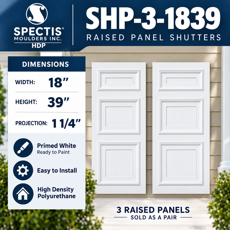 SHP-3 1839 3 Raised Panel Polyurethane Shutters - 18 x 39 (Pair)