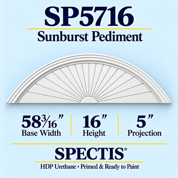 SP5716 Sunburst Pediment, primed HDP urethane, 58 3/16 inch base width x 16 inch height x 5 inch projection