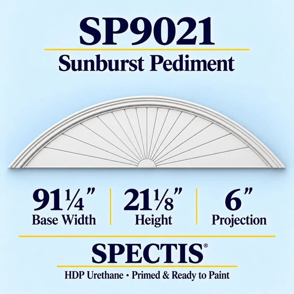 SP9021 Sunburst Pediment, primed HDP urethane, 91 1/4 inch base width x 21 1/8 inch height x 6 inch projection