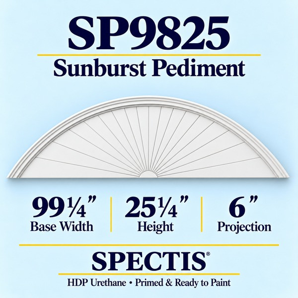 SP9825 Sunburst Pediment, primed HDP urethane, 99 1/4 inch base width x 25 1/4 inch height x 6 inch projection