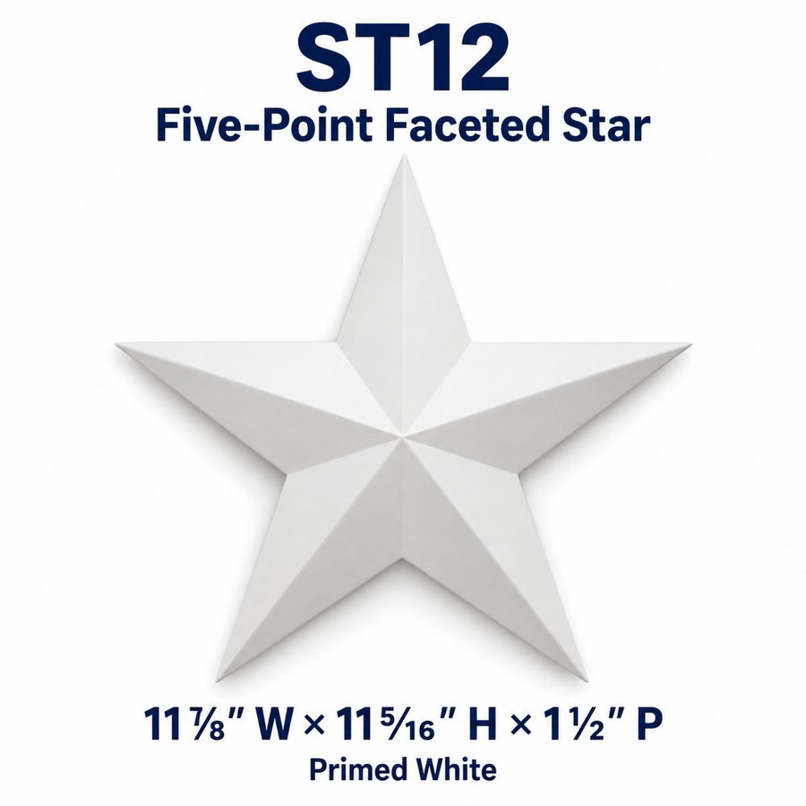 ST12 Five-Point Faceted Star; 11⅞″ W × 11⁵⁄₁₆″ H × 1½″ P; Primed White