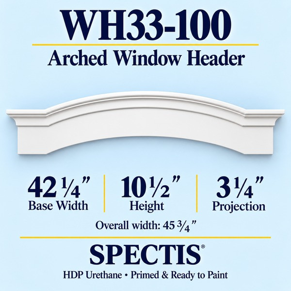 WH33-100 Arched Window Header, primed HDP urethane, 42 1/4 inch base width x 10 1/2 inch height x 3 1/4 inch projection