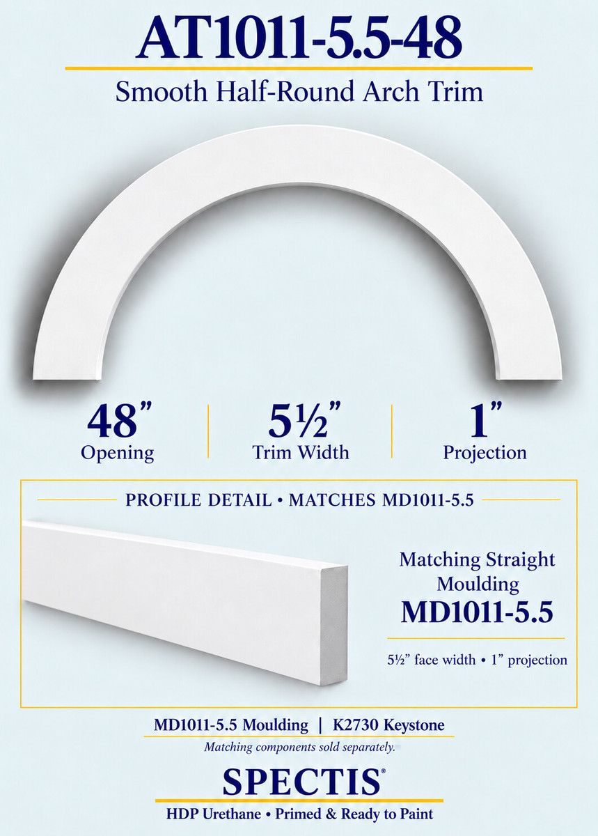 AT1011-5.5-48 Smooth Half-Round HDP Urethane Arch Trim - 48" Opening; matching MD1011-5.5 moulding profile shown below the arch