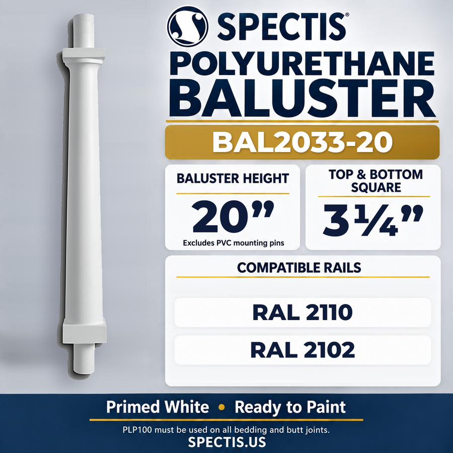 BAL2033-20 Spectis Polyurethane Baluster — 20″ H × 3 1/4″ Square; compatible rails: RAL 2110, RAL 2102