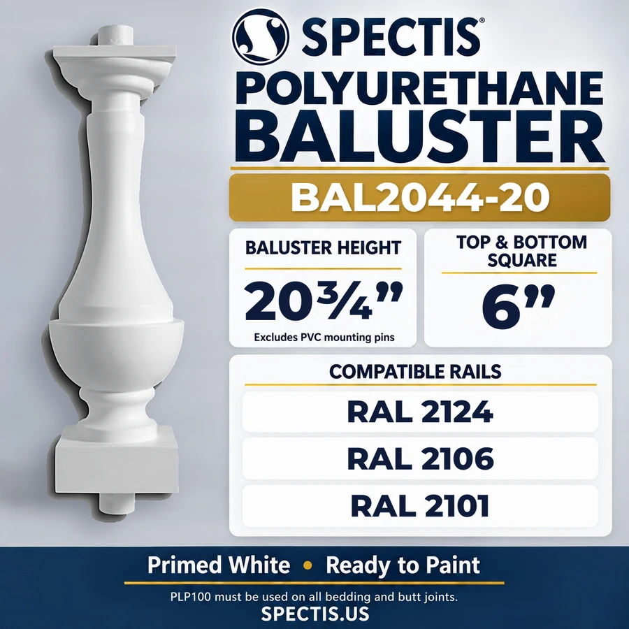 BAL2044-20 Spectis Polyurethane Baluster — 20 3/4″ H × 6″ Square; compatible rails: RAL 2124, RAL 2106, RAL 2101
