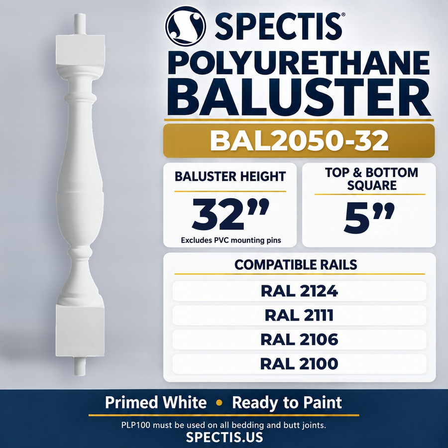 BAL2050-32 Spectis Polyurethane Baluster — 32″ H × 5″ Square; compatible rails: RAL 2124, RAL 2111, RAL 2106, RAL 2100