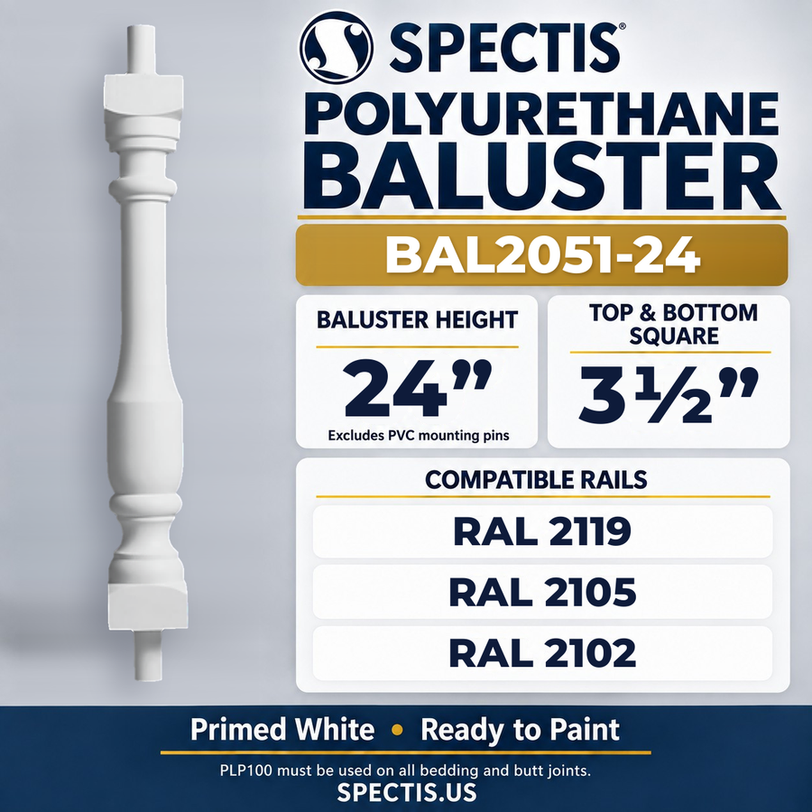 BAL2051-24 Spectis Polyurethane Baluster — 24″ H × 3 1/2″ Square; compatible rails: RAL 2119, RAL 2105, RAL 2102