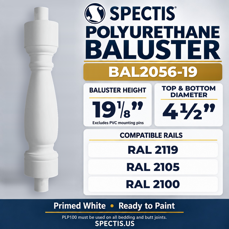 BAL2056-19 Spectis Polyurethane Baluster — 19 1/8″ H × 4 1/2″ Round; compatible rails: RAL 2119, RAL 2105, RAL 2100